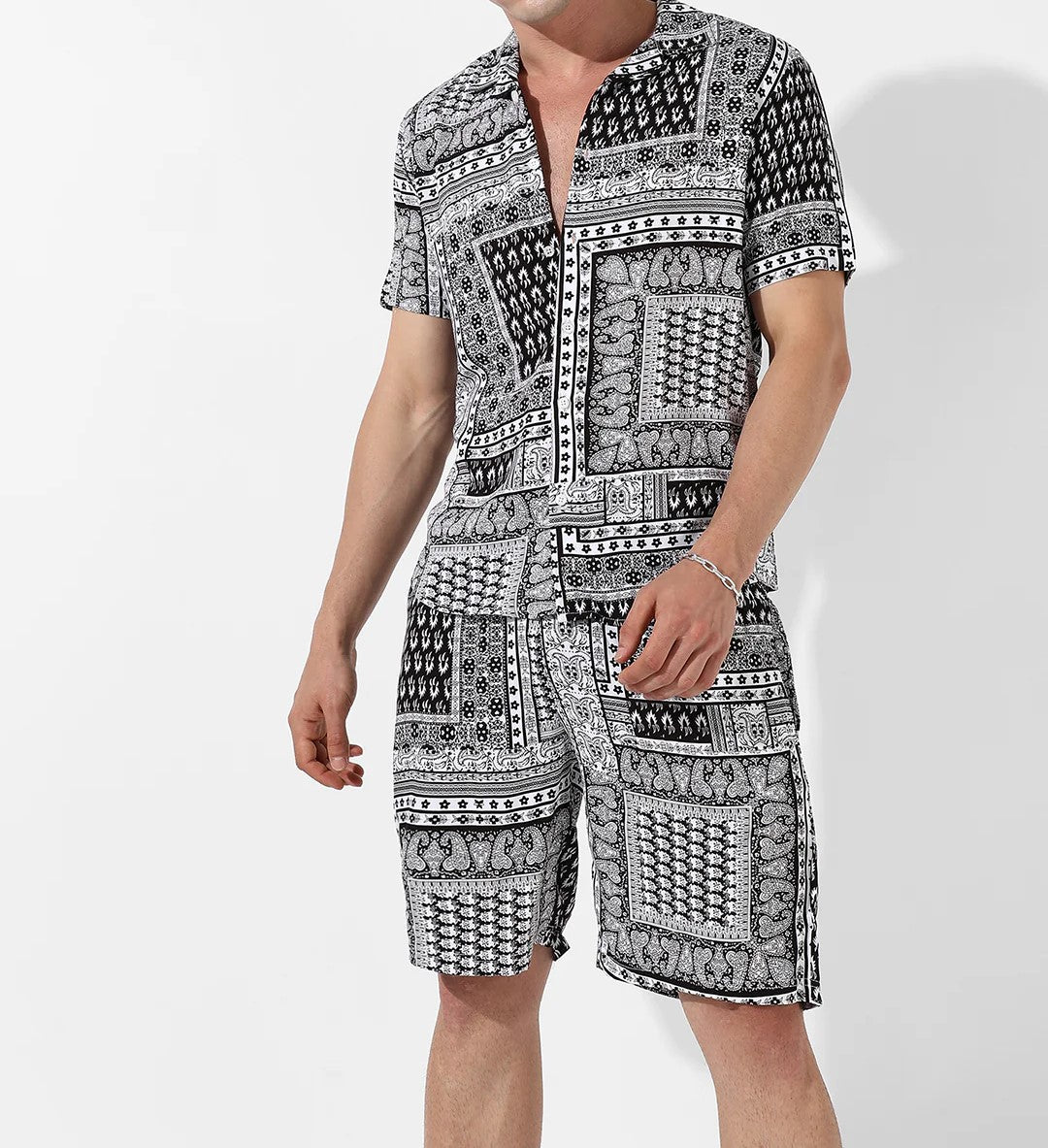 Men’s Black & White Printed Co-ord Set – Short Sleeve Shirt & Shorts Combo