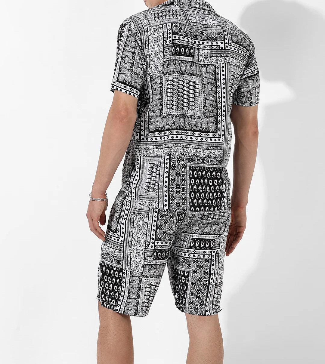 Men’s Black & White Printed Co-ord Set – Short Sleeve Shirt & Shorts Combo