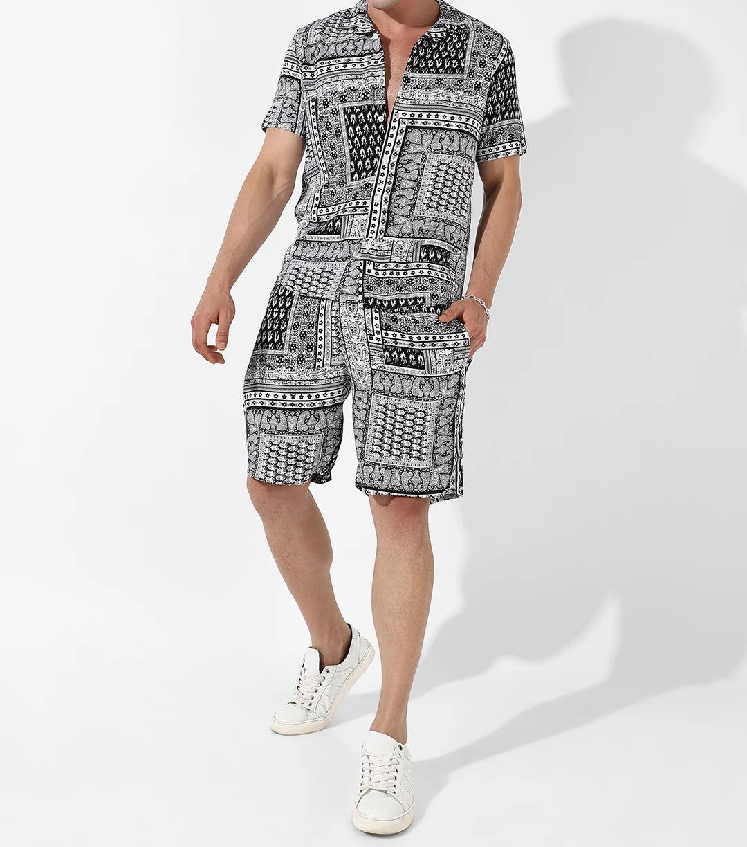 Men’s Black & White Printed Co-ord Set – Short Sleeve Shirt & Shorts Combo