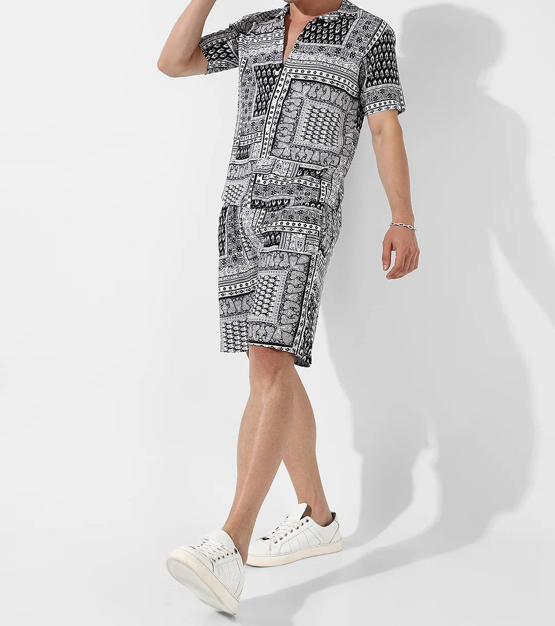 Men’s Black & White Printed Co-ord Set – Short Sleeve Shirt & Shorts Combo