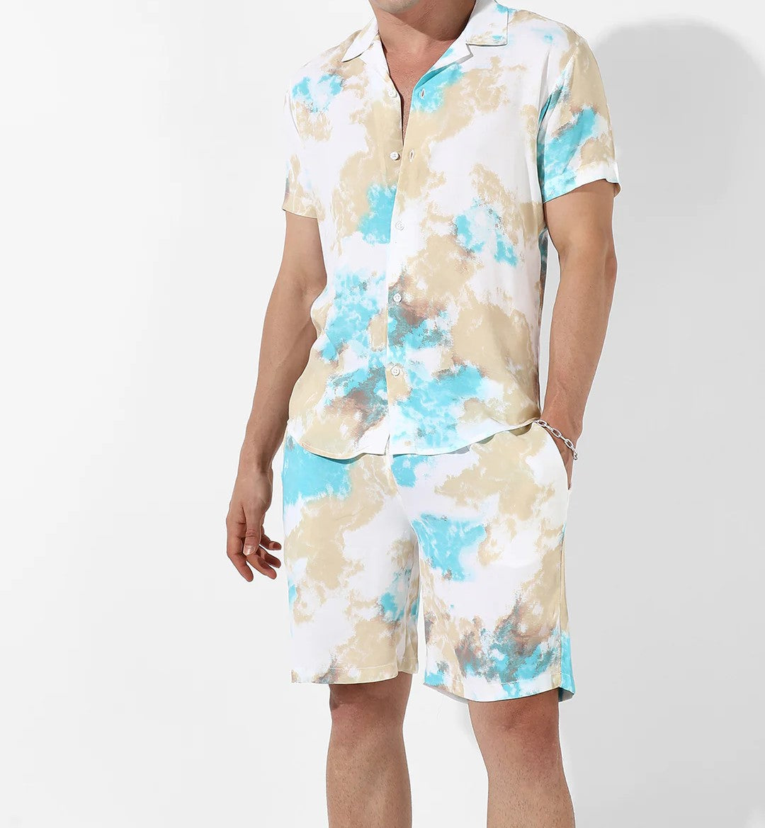 Men’s Beige & Aqua Tie-Dye Co-ord Set – Short Sleeve Shirt & Shorts