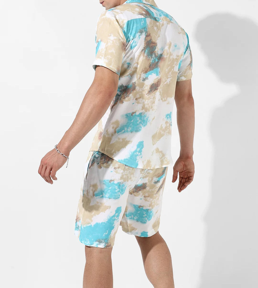 Men’s Beige & Aqua Tie-Dye Co-ord Set – Short Sleeve Shirt & Shorts