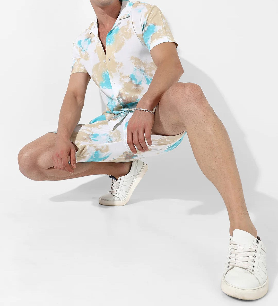 Men’s Beige & Aqua Tie-Dye Co-ord Set – Short Sleeve Shirt & Shorts