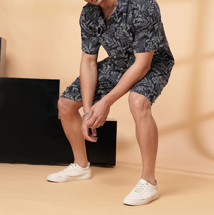 Men’s Monochrome Leaf Print Co-ord Set – Short Sleeve Shirt & Shorts (Black/Grey)