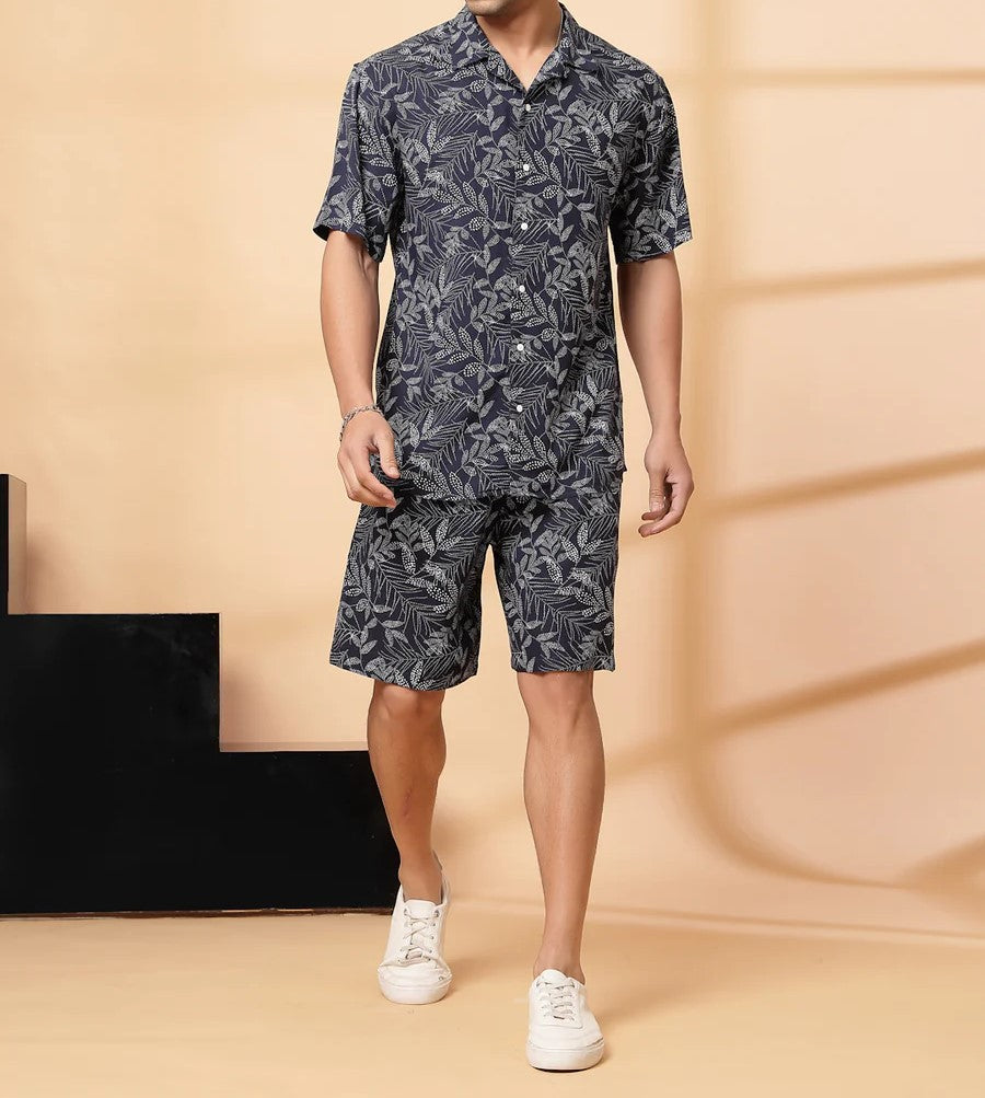 Men’s Monochrome Leaf Print Co-ord Set – Short Sleeve Shirt & Shorts (Black/Grey)