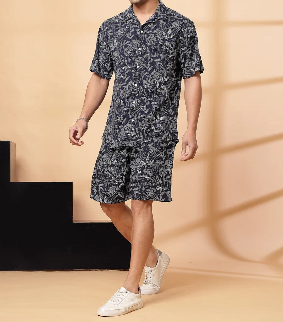 Men’s Monochrome Leaf Print Co-ord Set – Short Sleeve Shirt & Shorts (Black/Grey)