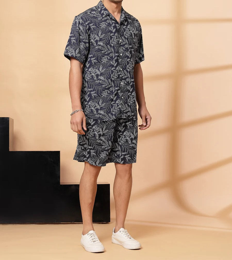 Men’s Monochrome Leaf Print Co-ord Set – Short Sleeve Shirt & Shorts (Black/Grey)