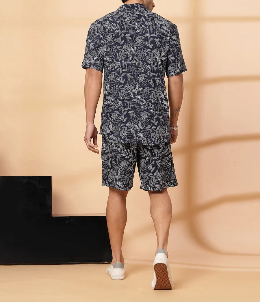 Men’s Monochrome Leaf Print Co-ord Set – Short Sleeve Shirt & Shorts (Black/Grey)
