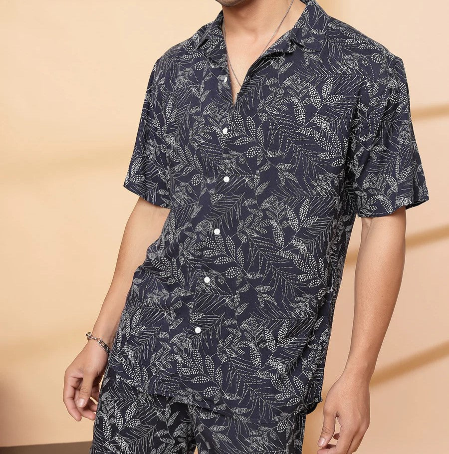 Men’s Monochrome Leaf Print Co-ord Set – Short Sleeve Shirt & Shorts (Black/Grey)