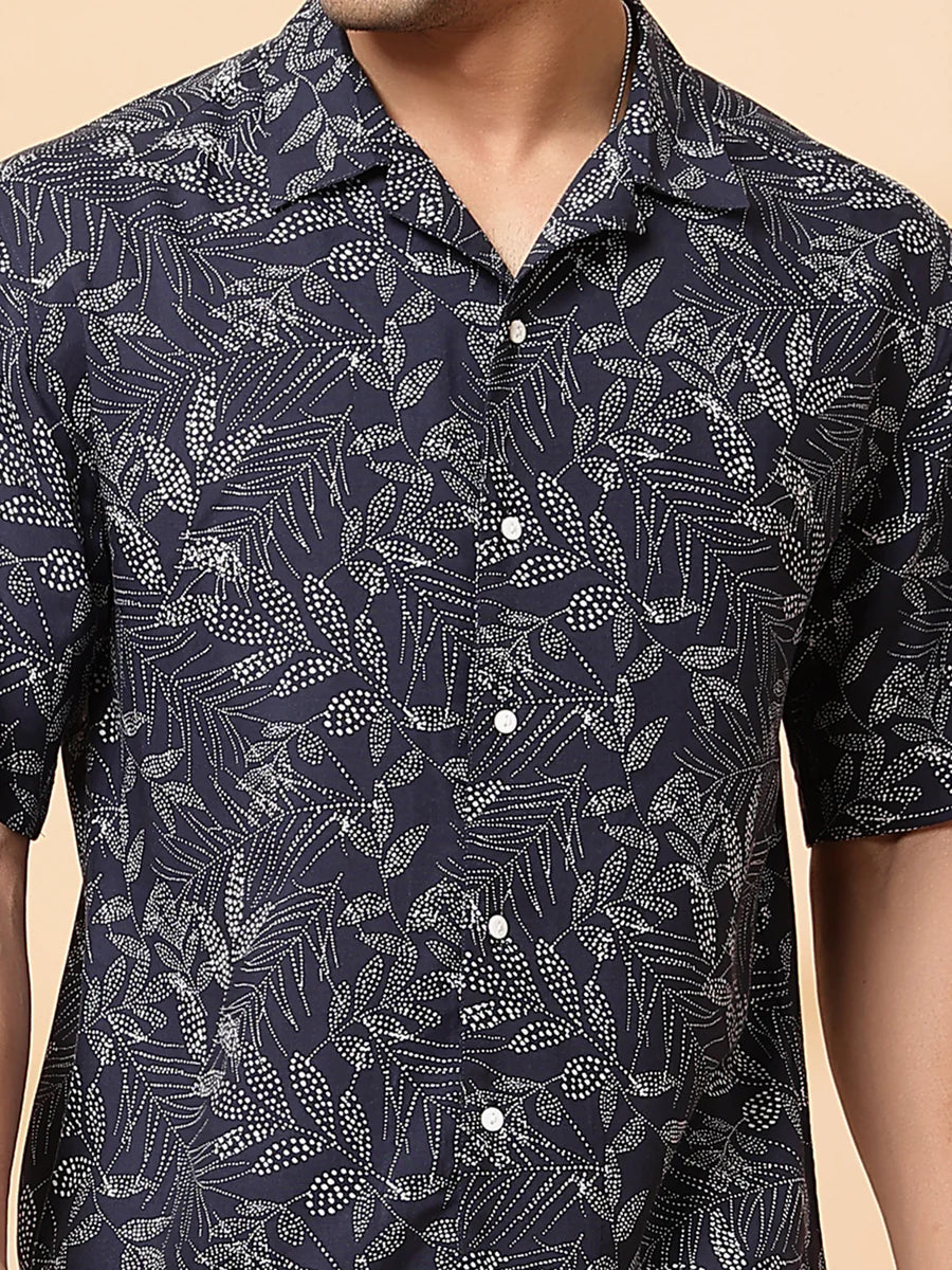 Men’s Monochrome Leaf Print Co-ord Set – Short Sleeve Shirt & Shorts (Black/Grey)