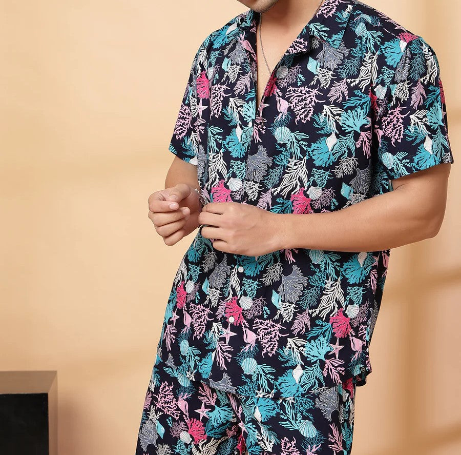 Men’s Tropical Coral Print Co-ord Set – Short Sleeve Shirt & Shorts (Black/Multi)