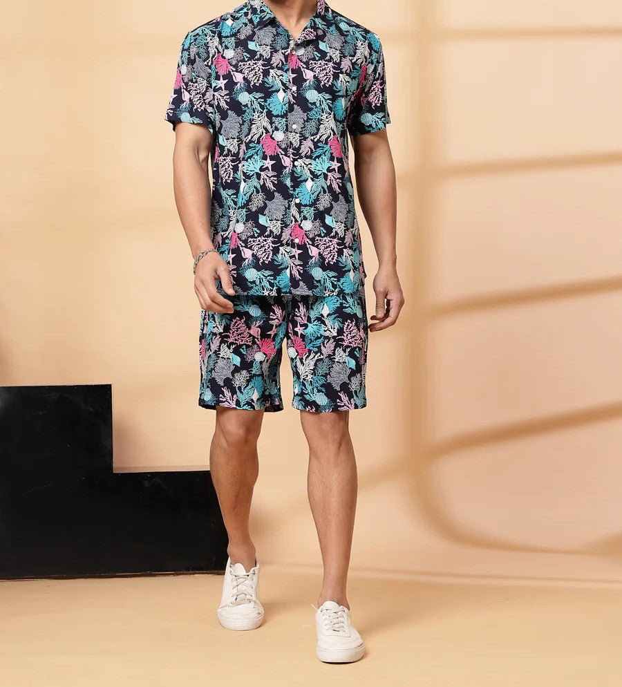 Men’s Tropical Coral Print Co-ord Set – Short Sleeve Shirt & Shorts (Black/Multi)