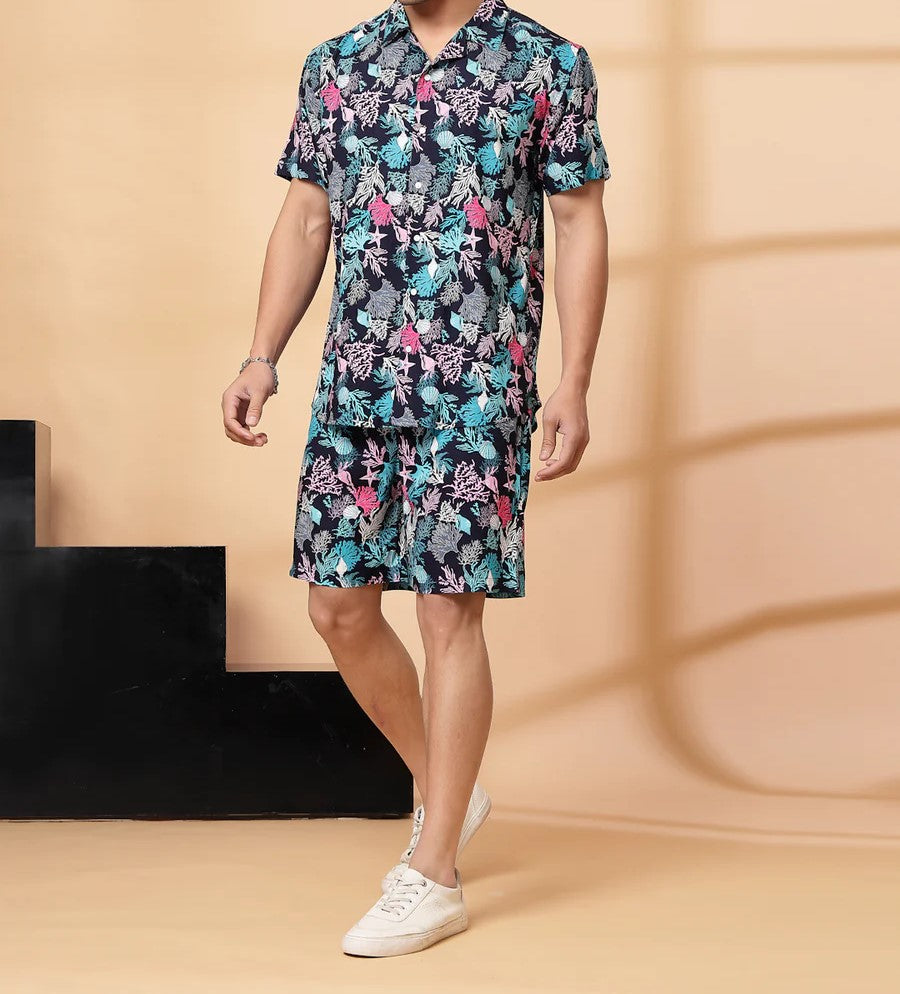 Men’s Tropical Coral Print Co-ord Set – Short Sleeve Shirt & Shorts (Black/Multi)