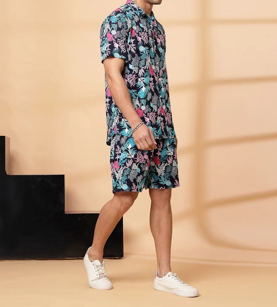 Men’s Tropical Coral Print Co-ord Set – Short Sleeve Shirt & Shorts (Black/Multi)