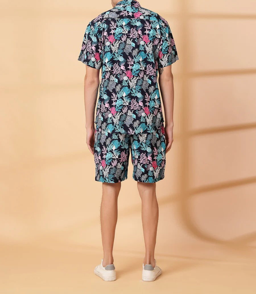Men’s Tropical Coral Print Co-ord Set – Short Sleeve Shirt & Shorts (Black/Multi)