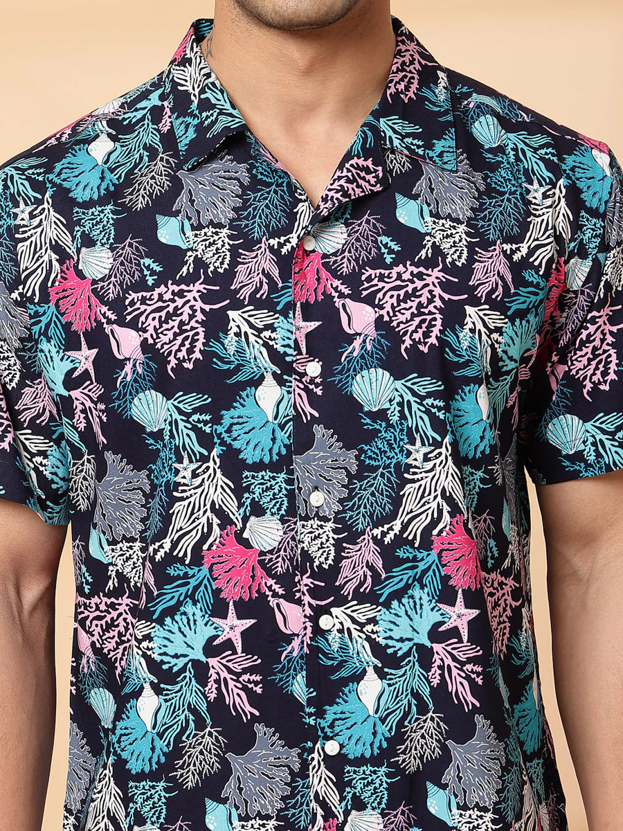 Men’s Tropical Coral Print Co-ord Set – Short Sleeve Shirt & Shorts (Black/Multi)
