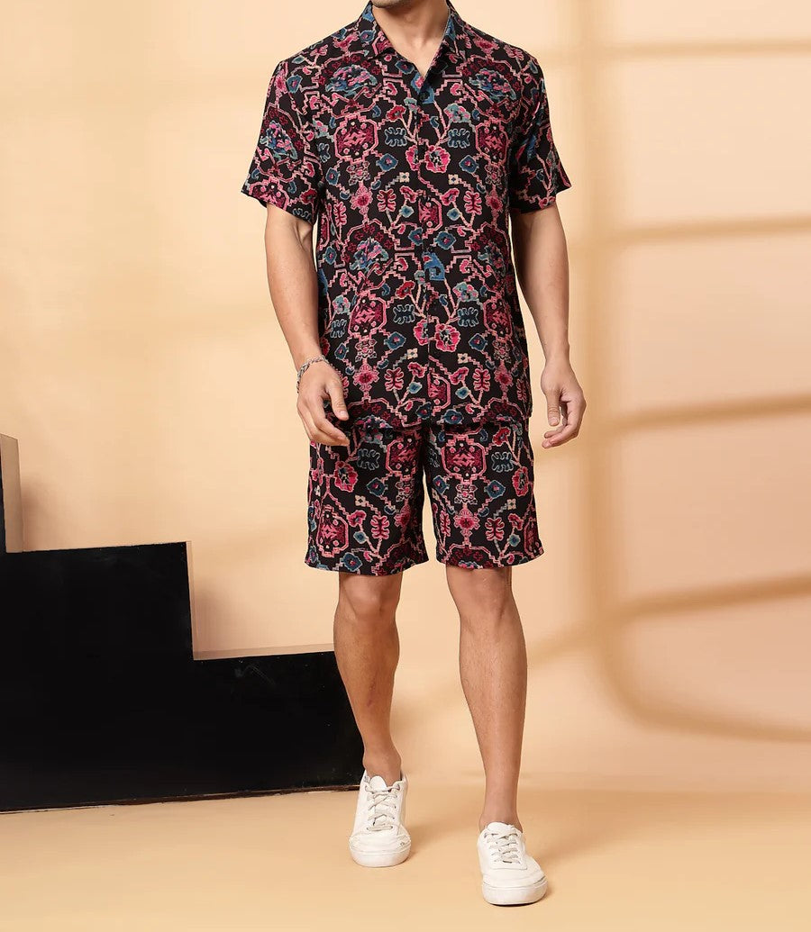 Men’s Tribal Floral Print Co-ord Set – Short Sleeve Shirt & Shorts (Black/Multi)