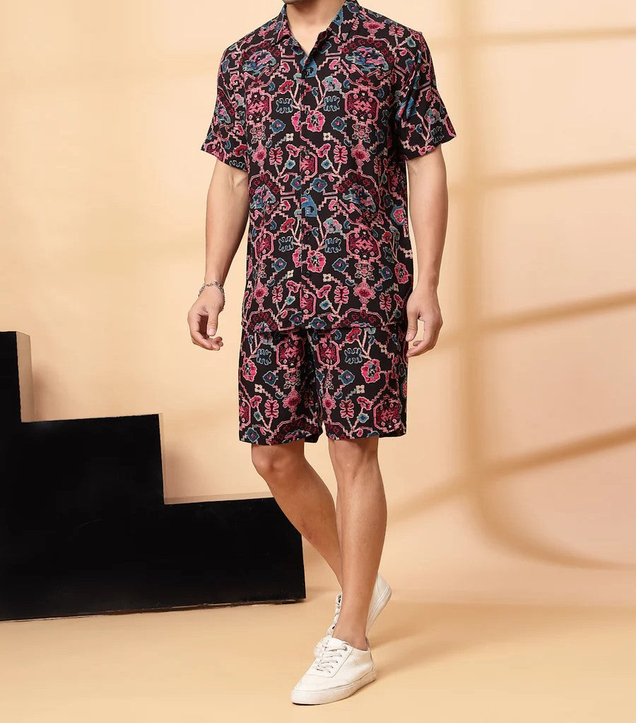 Men’s Tribal Floral Print Co-ord Set – Short Sleeve Shirt & Shorts (Black/Multi)