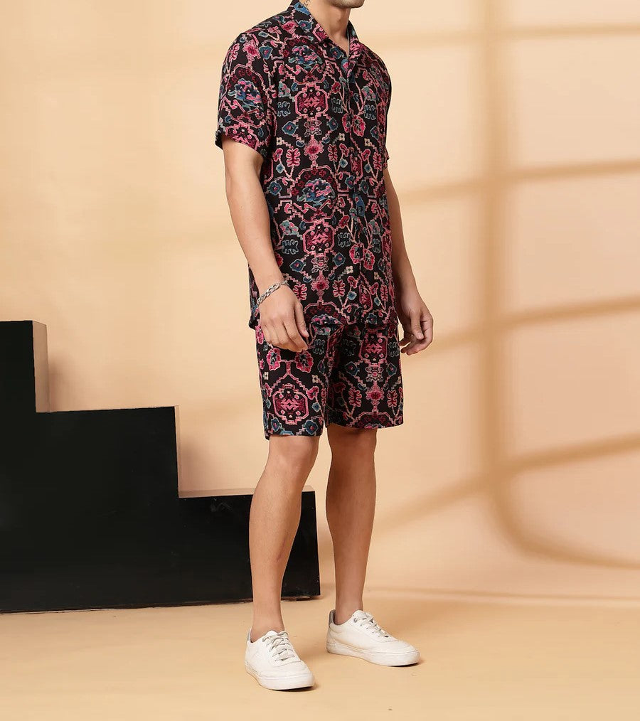 Men’s Tribal Floral Print Co-ord Set – Short Sleeve Shirt & Shorts (Black/Multi)