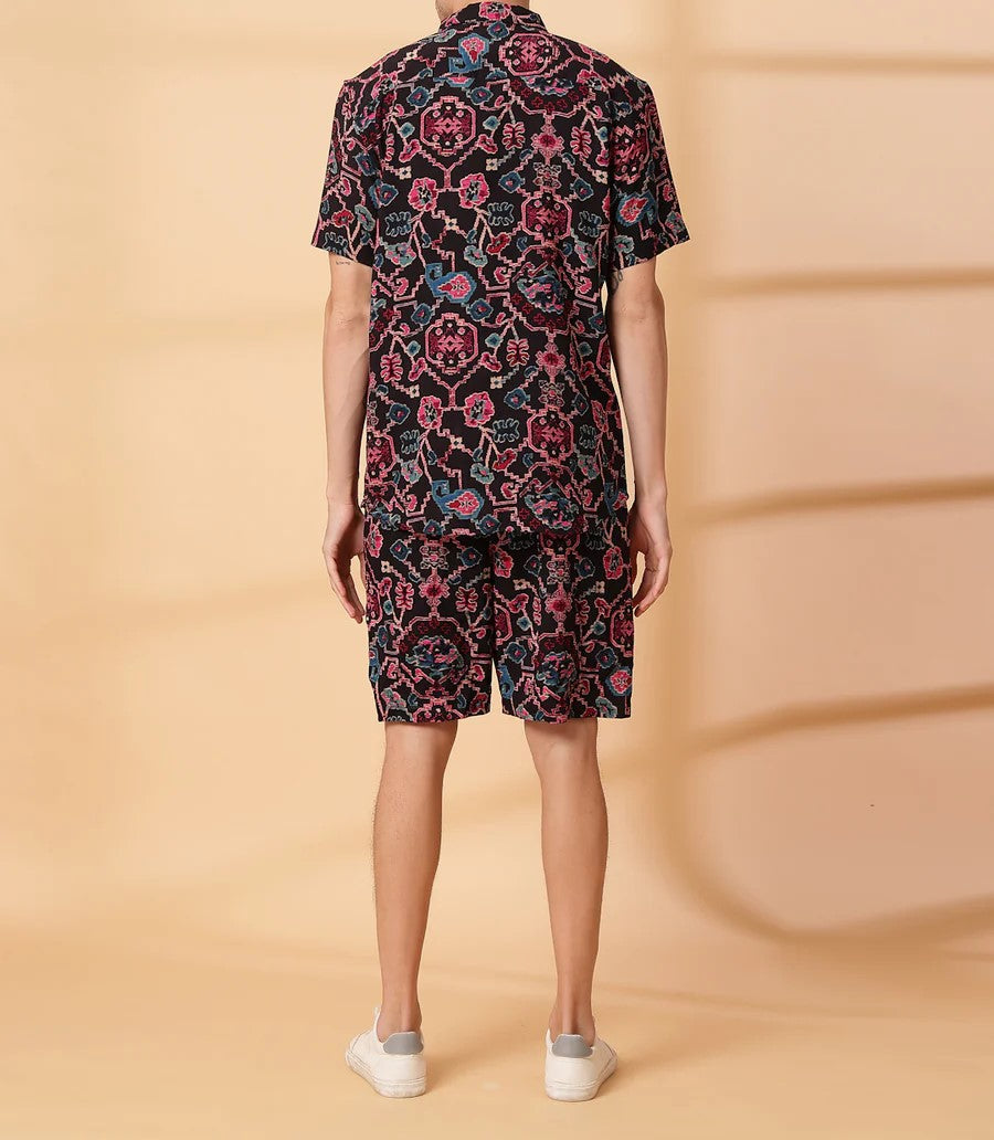 Men’s Tribal Floral Print Co-ord Set – Short Sleeve Shirt & Shorts (Black/Multi)