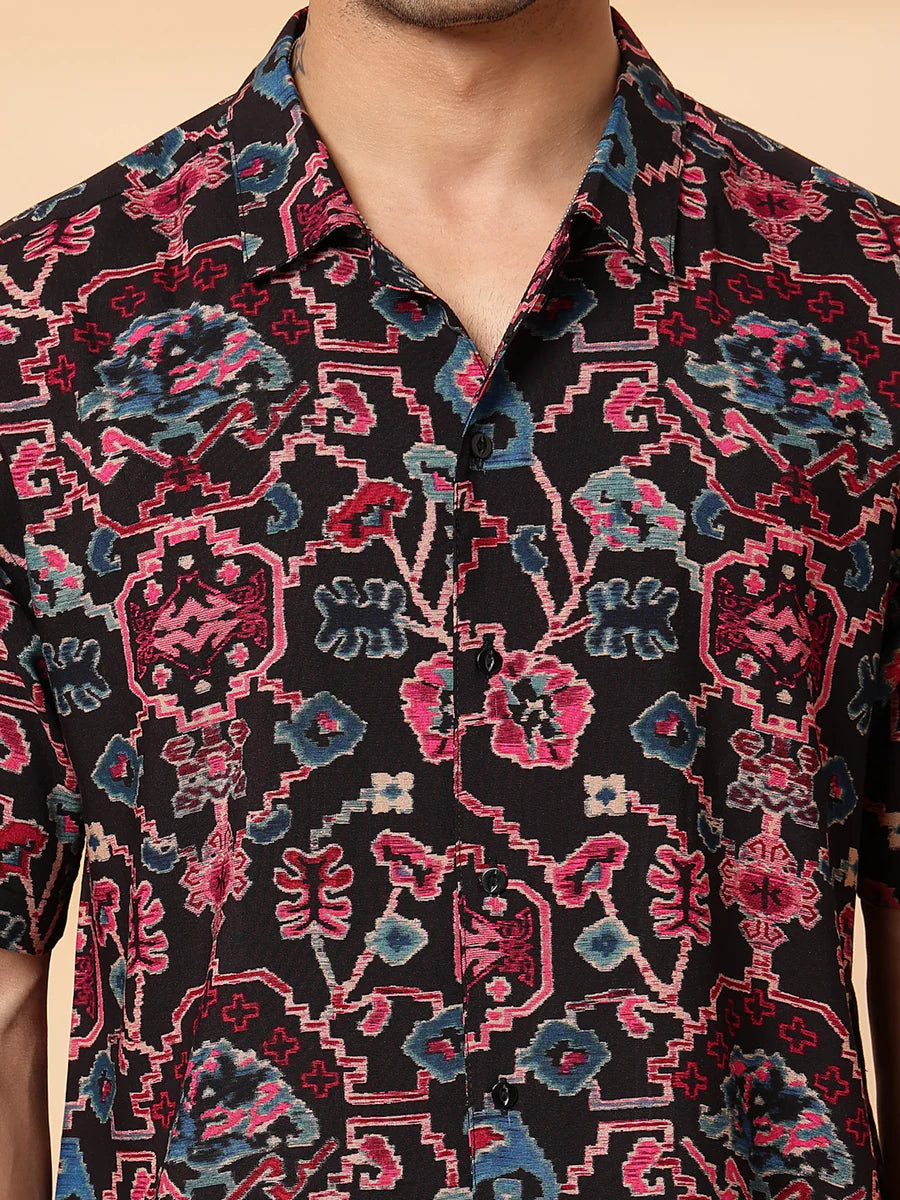 Men’s Tribal Floral Print Co-ord Set – Short Sleeve Shirt & Shorts (Black/Multi)
