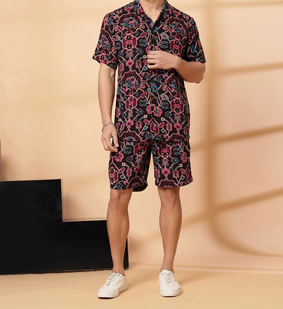Men’s Tribal Floral Print Co-ord Set – Short Sleeve Shirt & Shorts (Black/Multi)