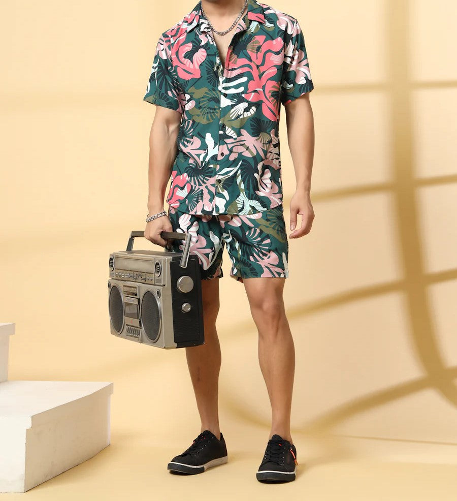 Men’s Tropical Jungle Print Co-ord Set – Short Sleeve Shirt & Shorts (Green/Pink)