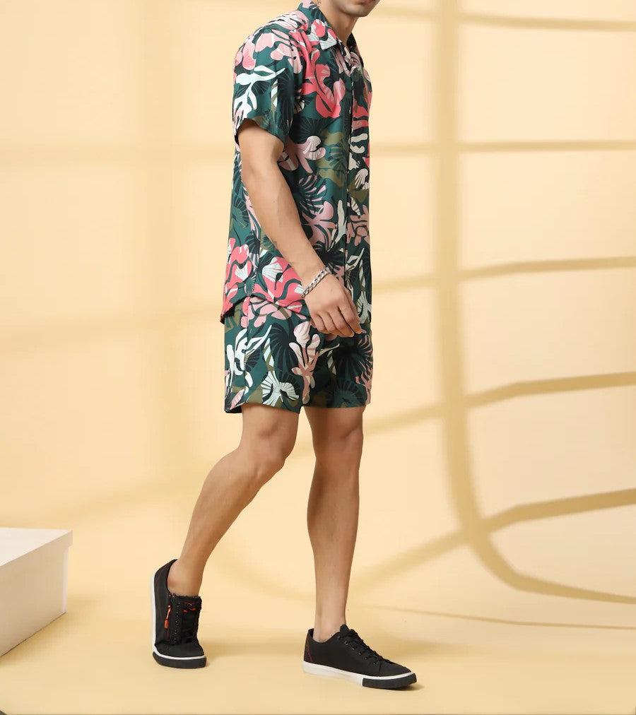 Men’s Tropical Jungle Print Co-ord Set – Short Sleeve Shirt & Shorts (Green/Pink)
