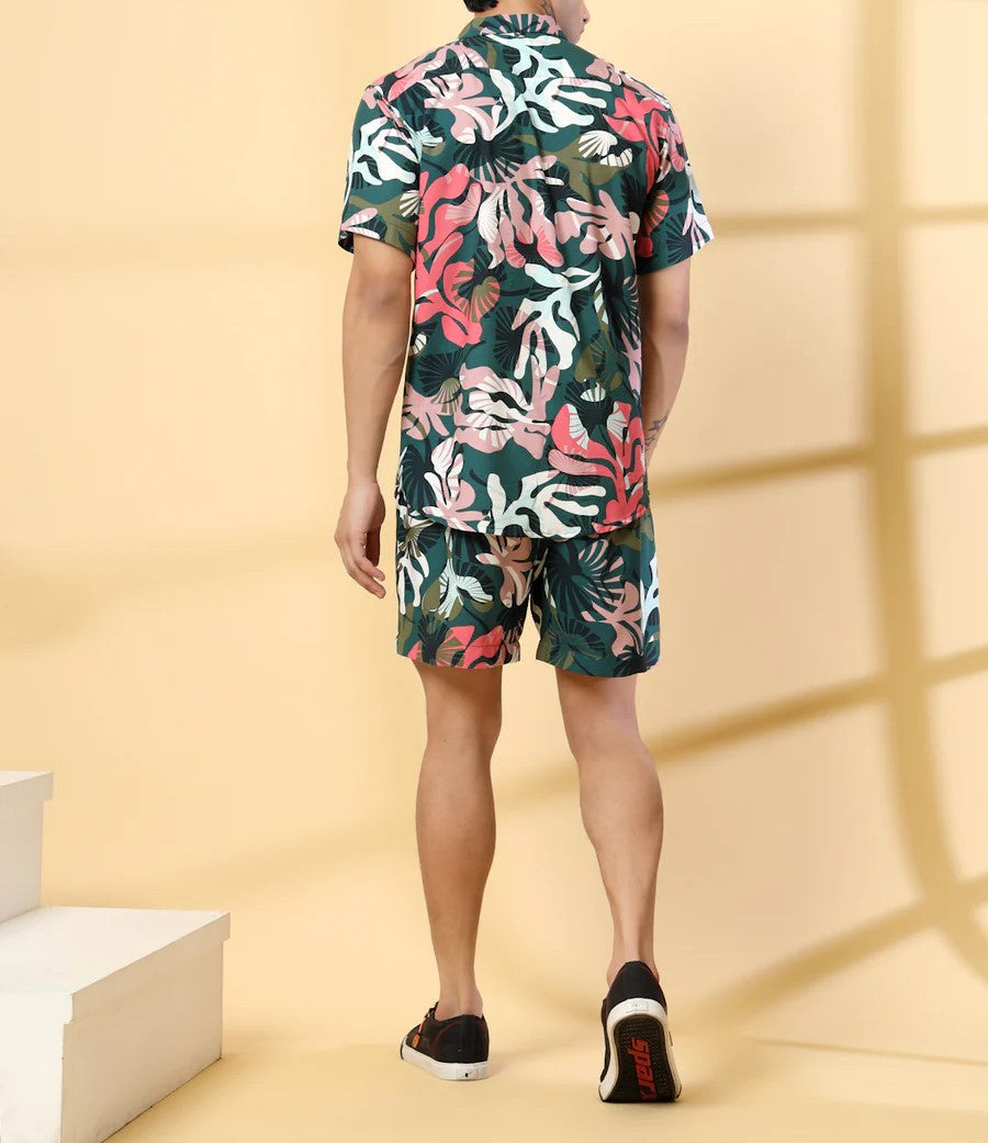Men’s Tropical Jungle Print Co-ord Set – Short Sleeve Shirt & Shorts (Green/Pink)