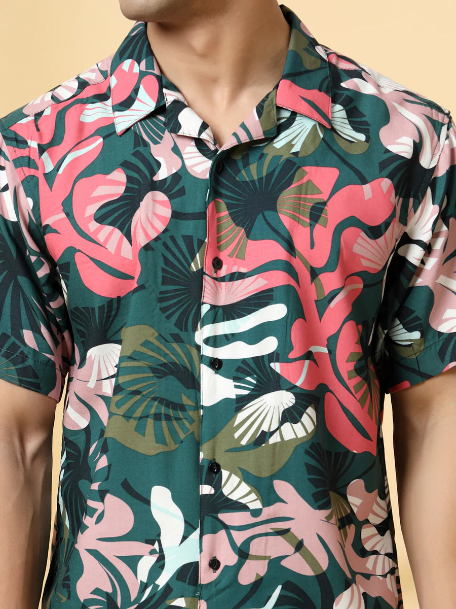 Men’s Tropical Jungle Print Co-ord Set – Short Sleeve Shirt & Shorts (Green/Pink)