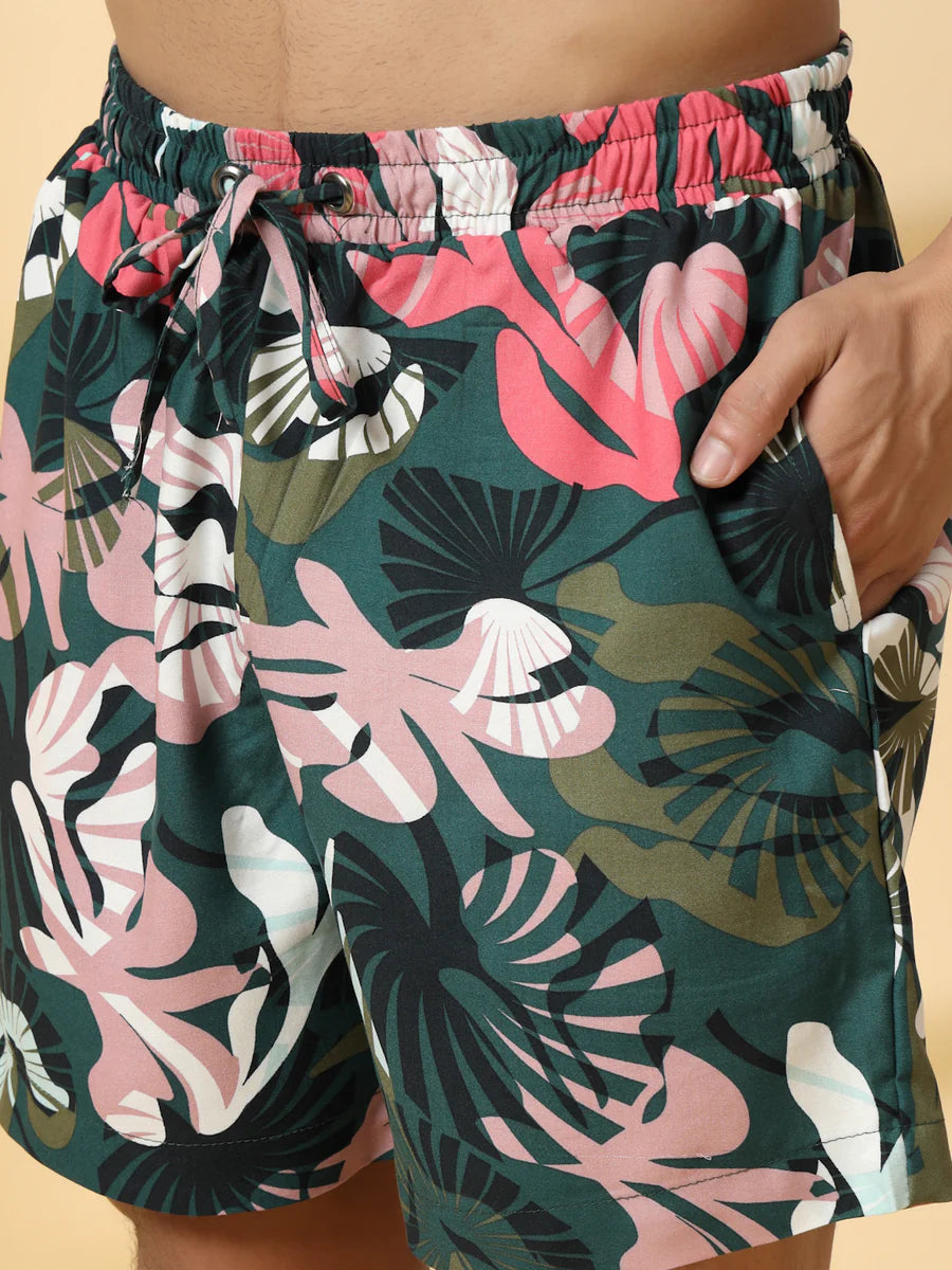 Men’s Tropical Jungle Print Co-ord Set – Short Sleeve Shirt & Shorts (Green/Pink)