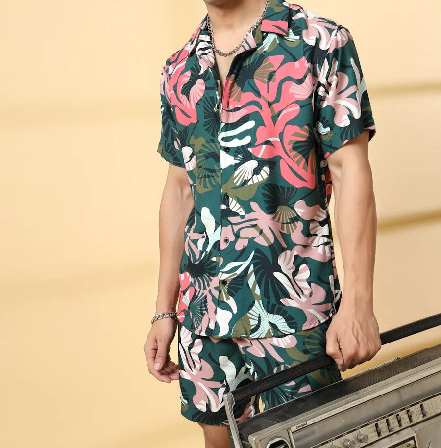 Men’s Tropical Jungle Print Co-ord Set – Short Sleeve Shirt & Shorts (Green/Pink)
