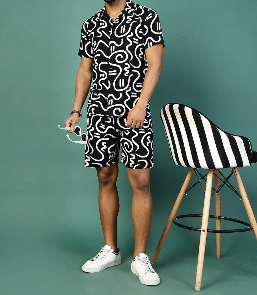 Men’s Abstract Print Co-ord Set – Short Sleeve Shirt & Shorts (Black/White)