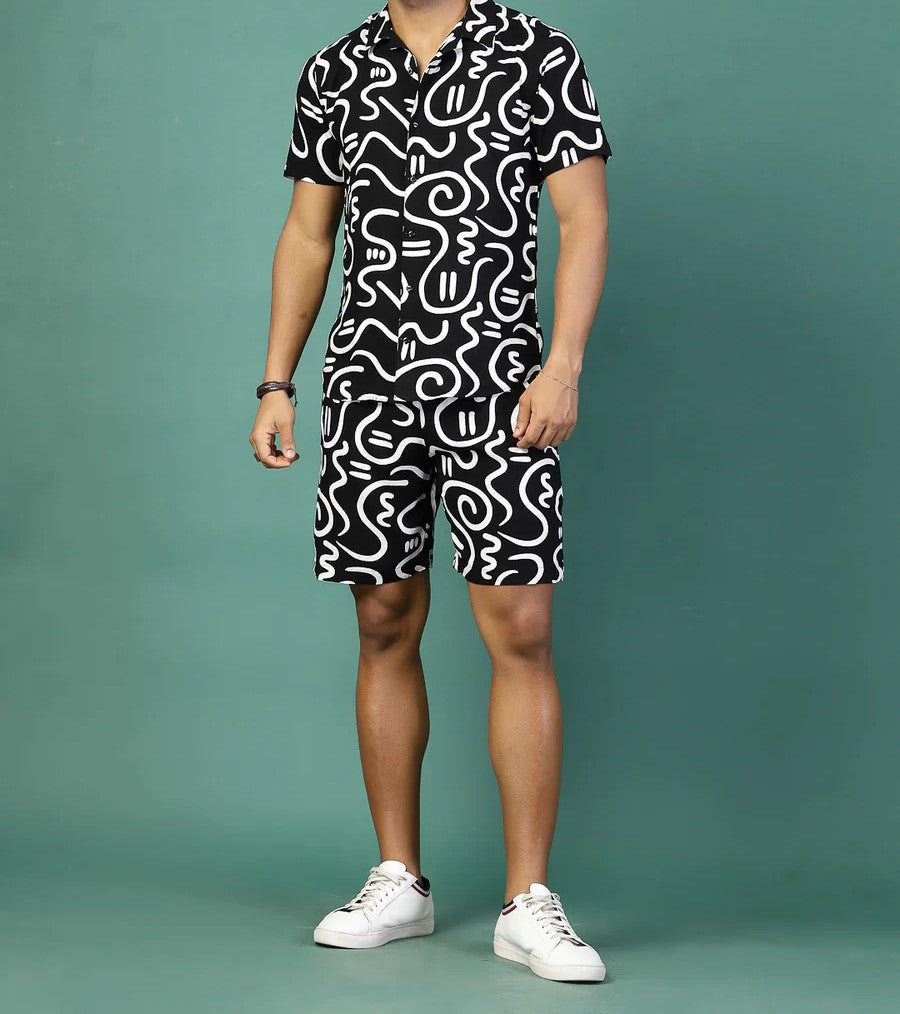 Men’s Abstract Print Co-ord Set – Short Sleeve Shirt & Shorts (Black/White)