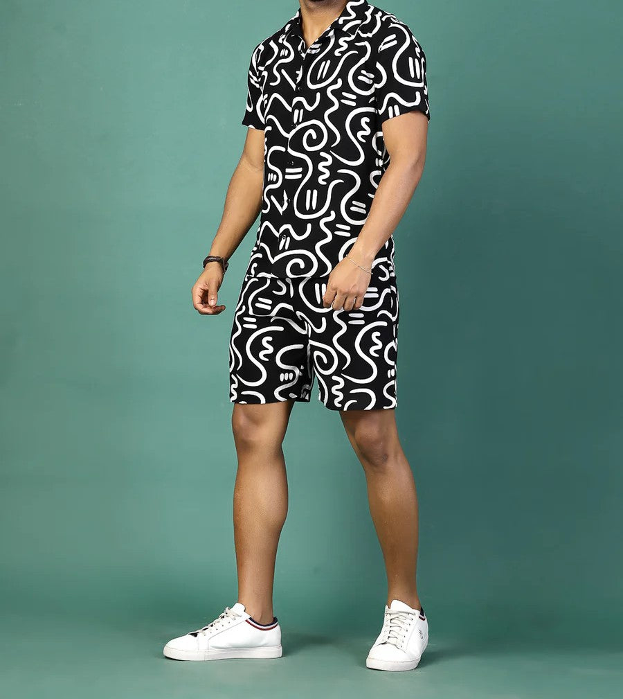 Men’s Abstract Print Co-ord Set – Short Sleeve Shirt & Shorts (Black/White)