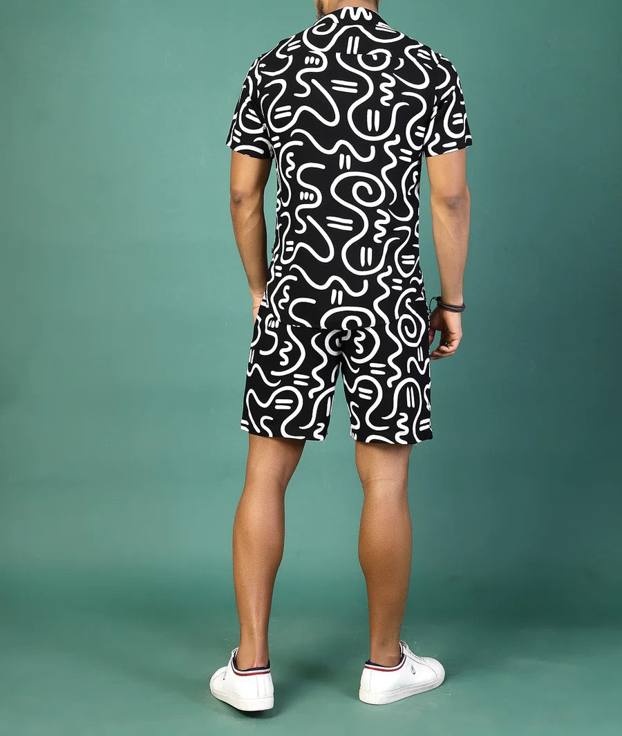 Men’s Abstract Print Co-ord Set – Short Sleeve Shirt & Shorts (Black/White)