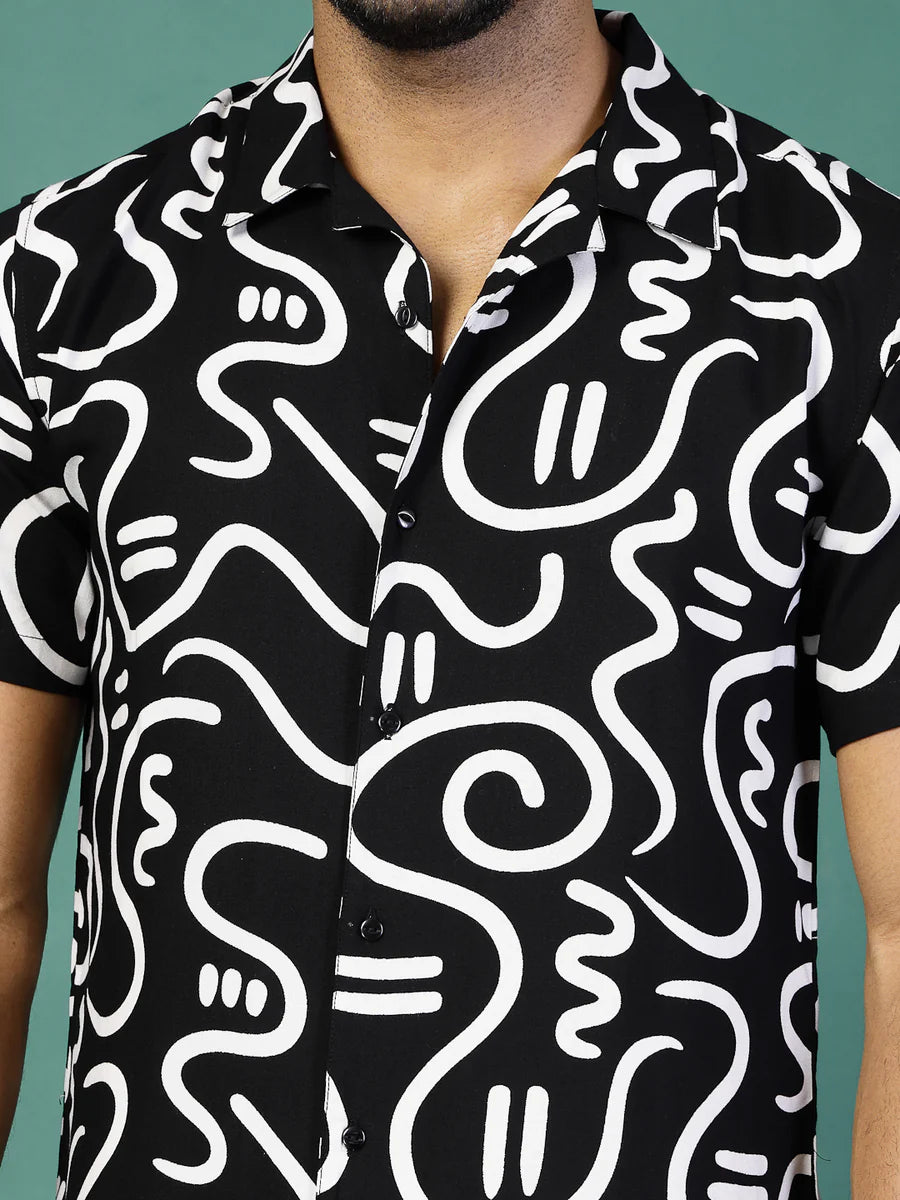 Men’s Abstract Print Co-ord Set – Short Sleeve Shirt & Shorts (Black/White)