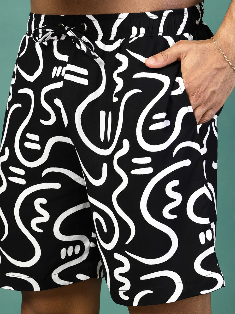 Men’s Abstract Print Co-ord Set – Short Sleeve Shirt & Shorts (Black/White)
