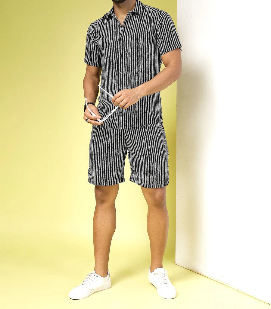 Men’s Minimal Stripe Co-ord Set – Short Sleeve Shirt & Shorts (Black/White)