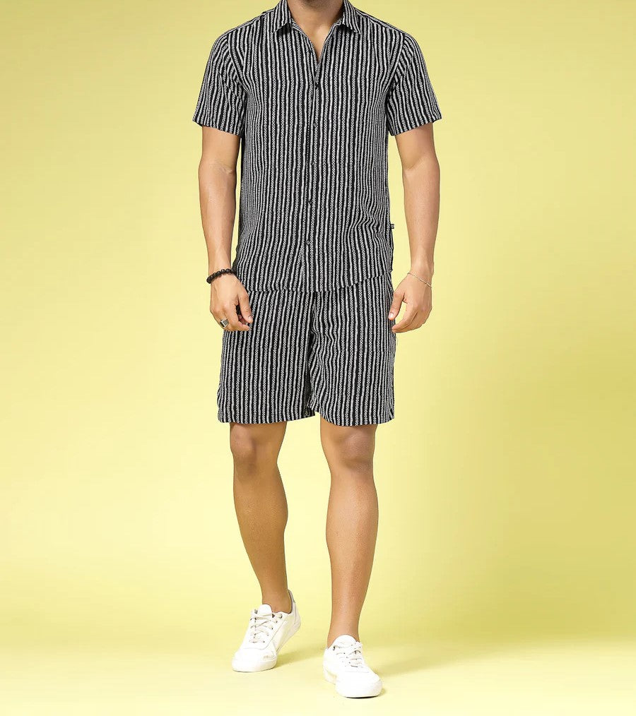 Men’s Minimal Stripe Co-ord Set – Short Sleeve Shirt & Shorts (Black/White)