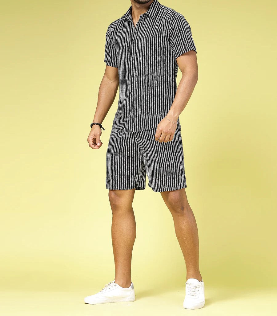 Men’s Minimal Stripe Co-ord Set – Short Sleeve Shirt & Shorts (Black/White)