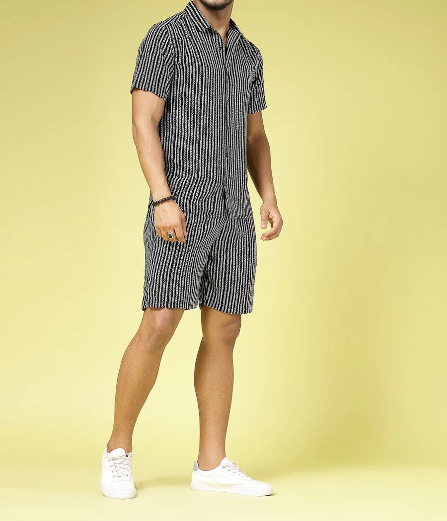 Men’s Minimal Stripe Co-ord Set – Short Sleeve Shirt & Shorts (Black/White)