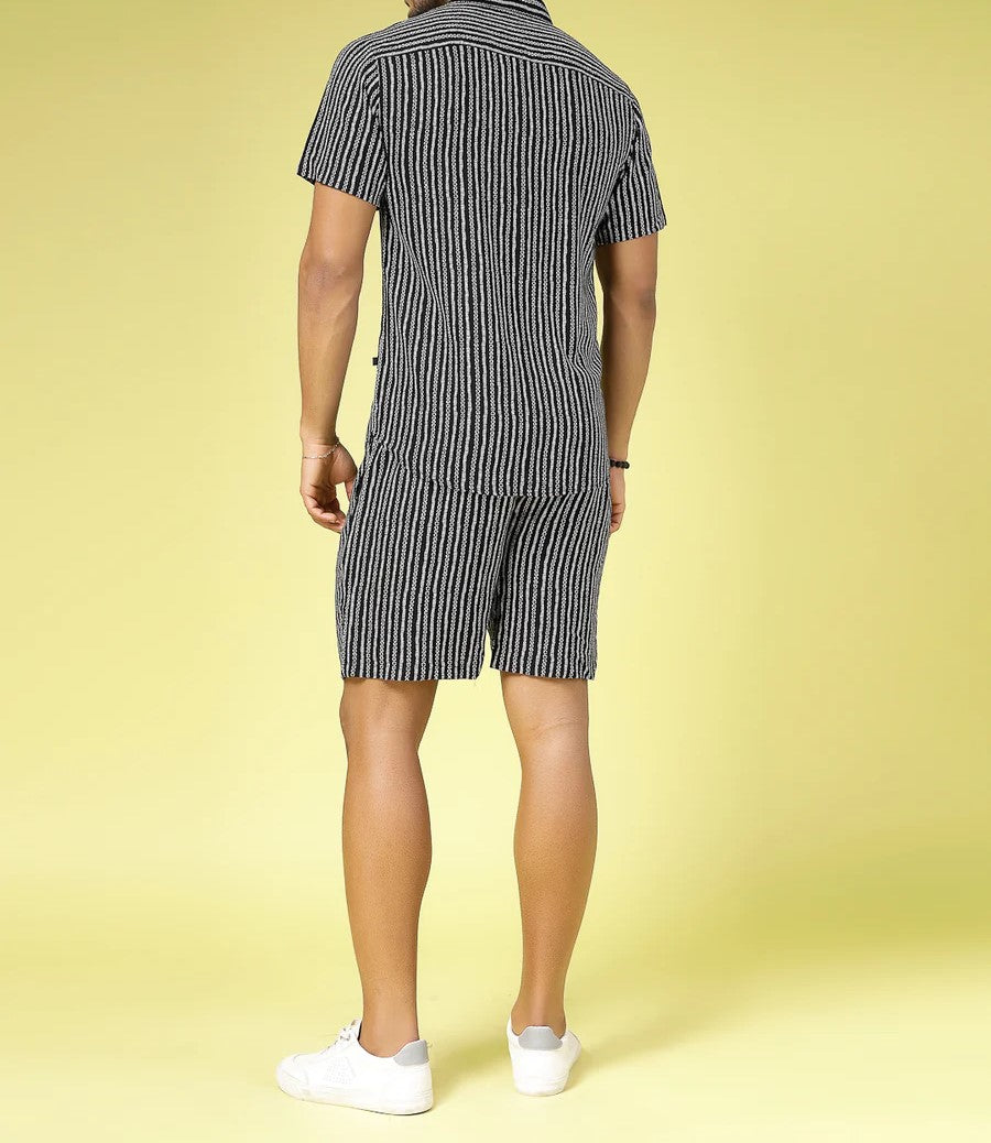 Men’s Minimal Stripe Co-ord Set – Short Sleeve Shirt & Shorts (Black/White)