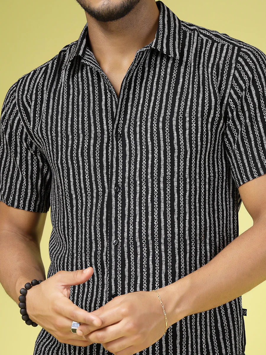 Men’s Minimal Stripe Co-ord Set – Short Sleeve Shirt & Shorts (Black/White)