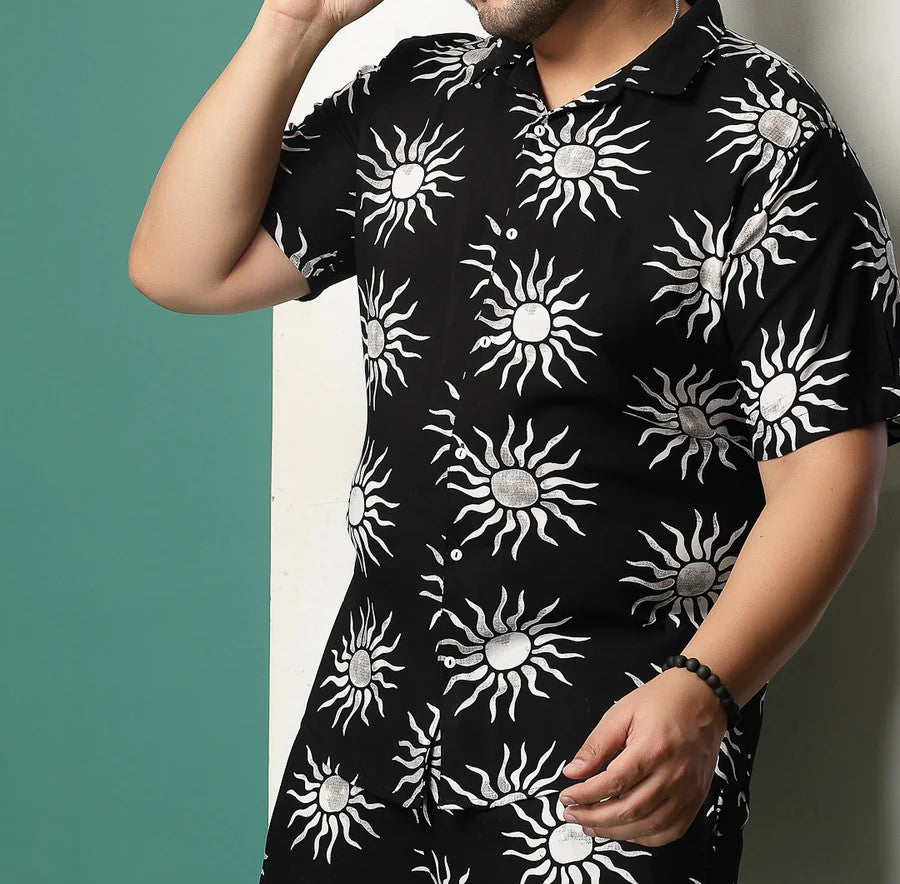 Men’s Sun Print Co-ord Set – Short Sleeve Shirt & Shorts (Black/White)