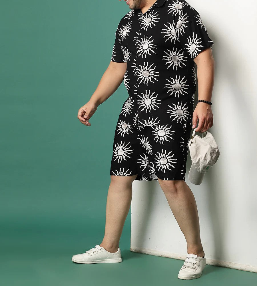 Men’s Sun Print Co-ord Set – Short Sleeve Shirt & Shorts (Black/White)
