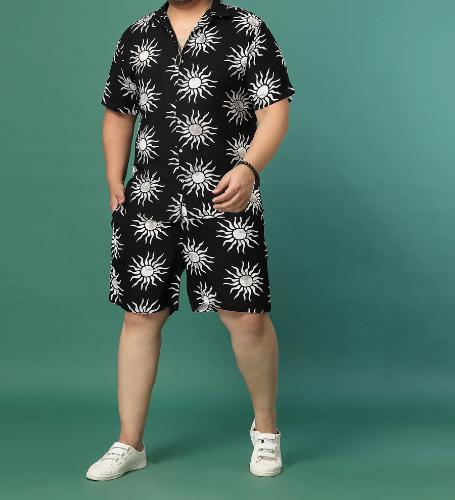 Men’s Sun Print Co-ord Set – Short Sleeve Shirt & Shorts (Black/White)