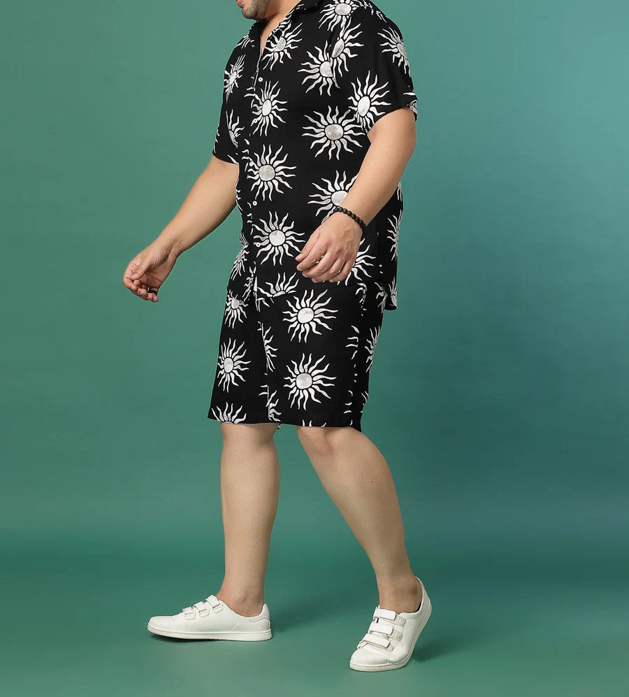 Men’s Sun Print Co-ord Set – Short Sleeve Shirt & Shorts (Black/White)