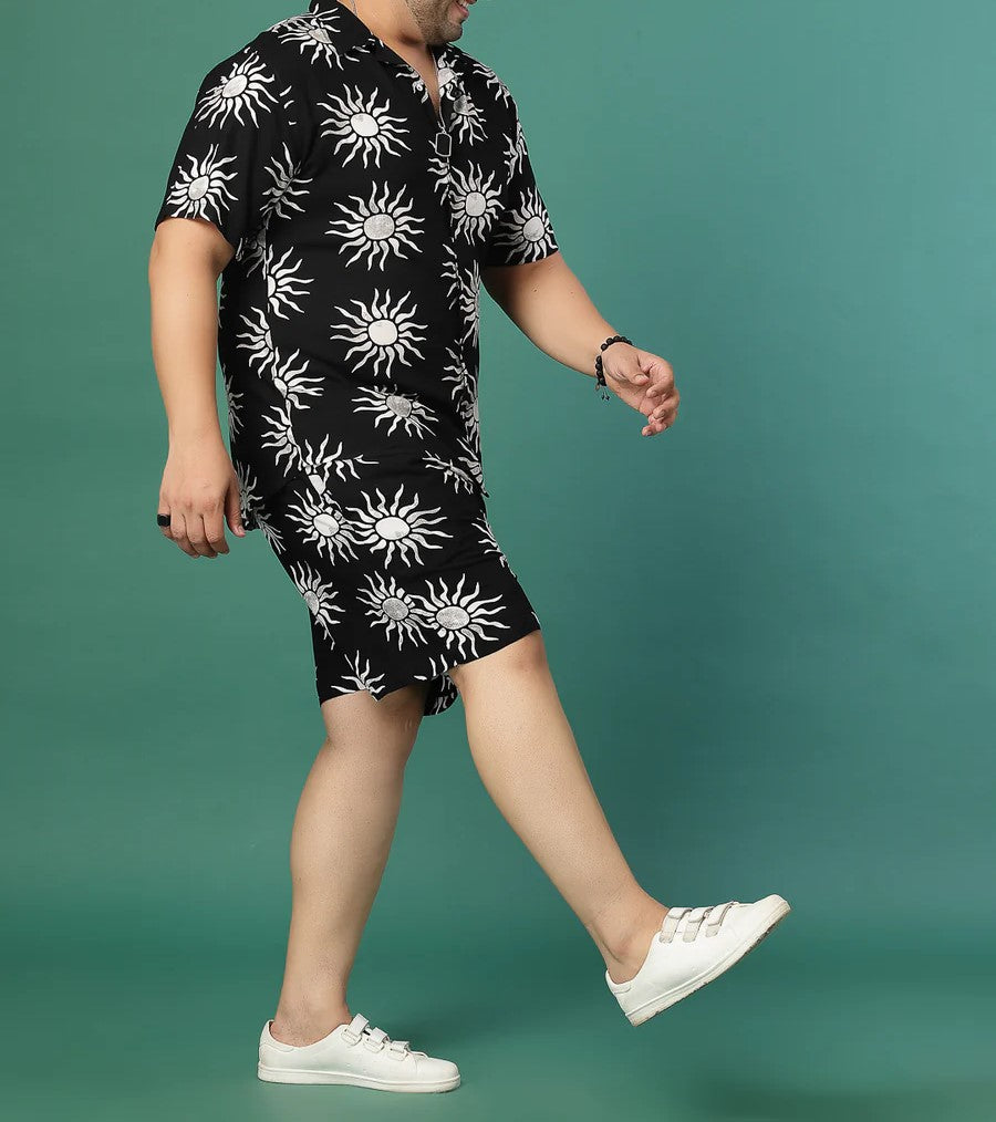 Men’s Sun Print Co-ord Set – Short Sleeve Shirt & Shorts (Black/White)