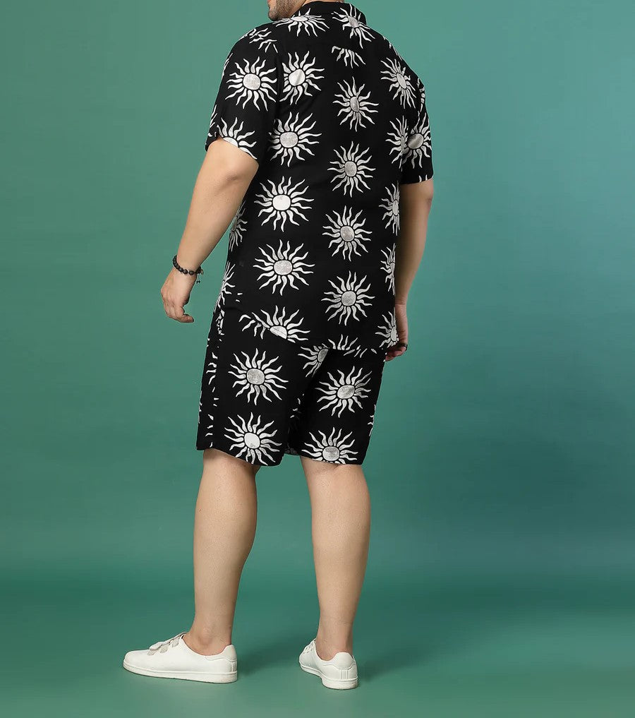 Men’s Sun Print Co-ord Set – Short Sleeve Shirt & Shorts (Black/White)